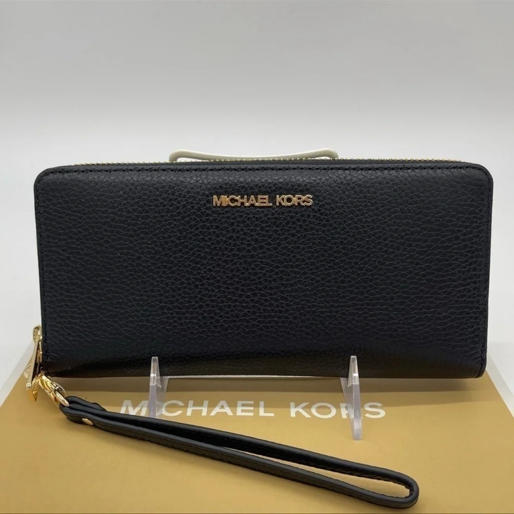 Michael Kors Large Continental Wallet Wristlet Leather Rich Black